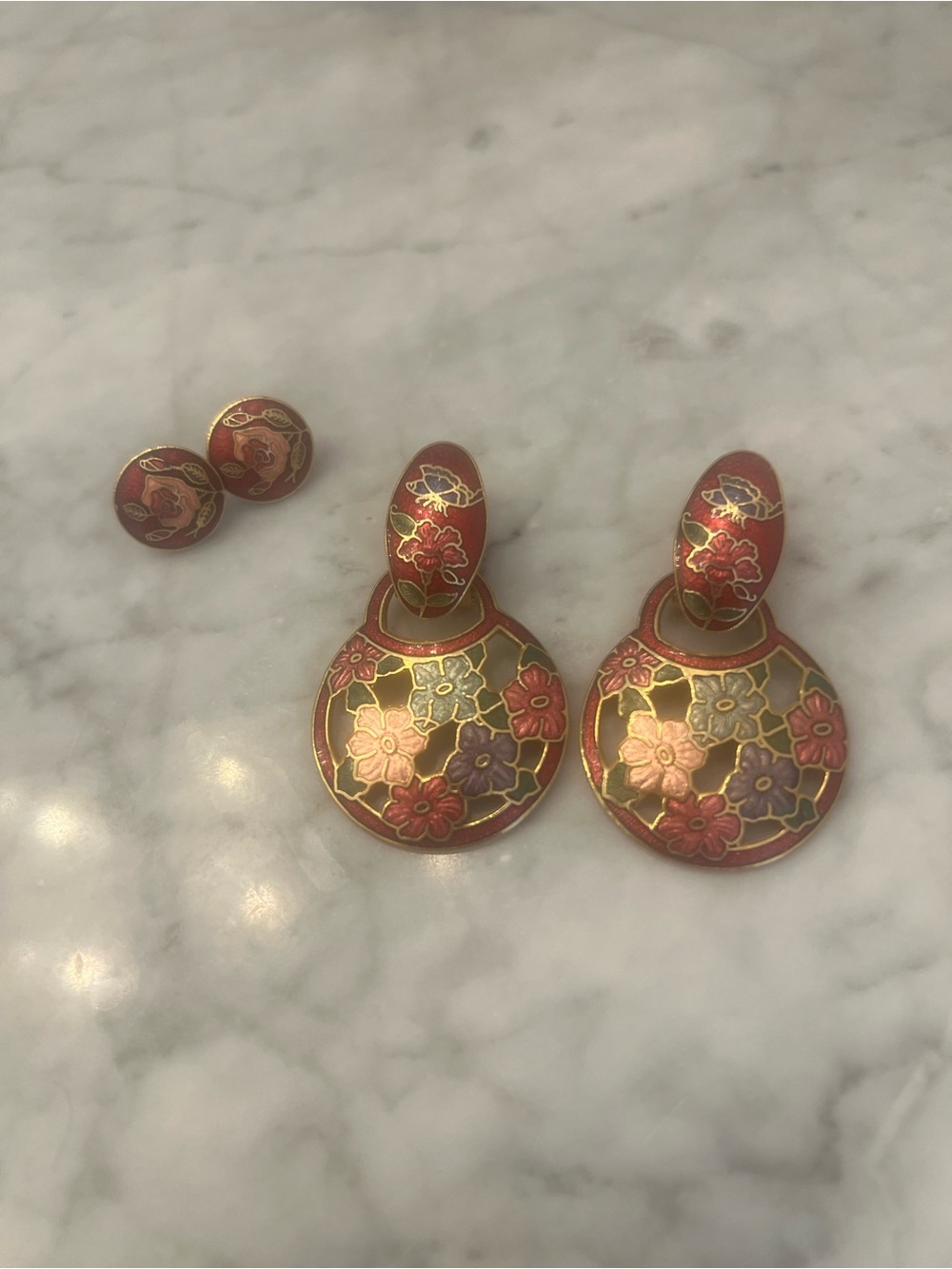 Two Pairs of Floral Cloisonné Earrings in Red and Gold